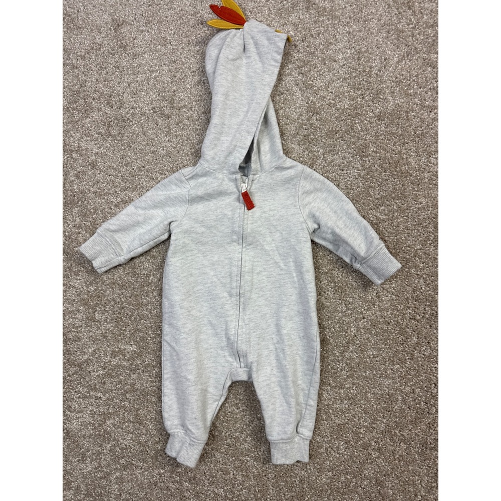 Baby Gray Chicken Rooster Hooded Romper One Piece Zip Up Size 3Months
